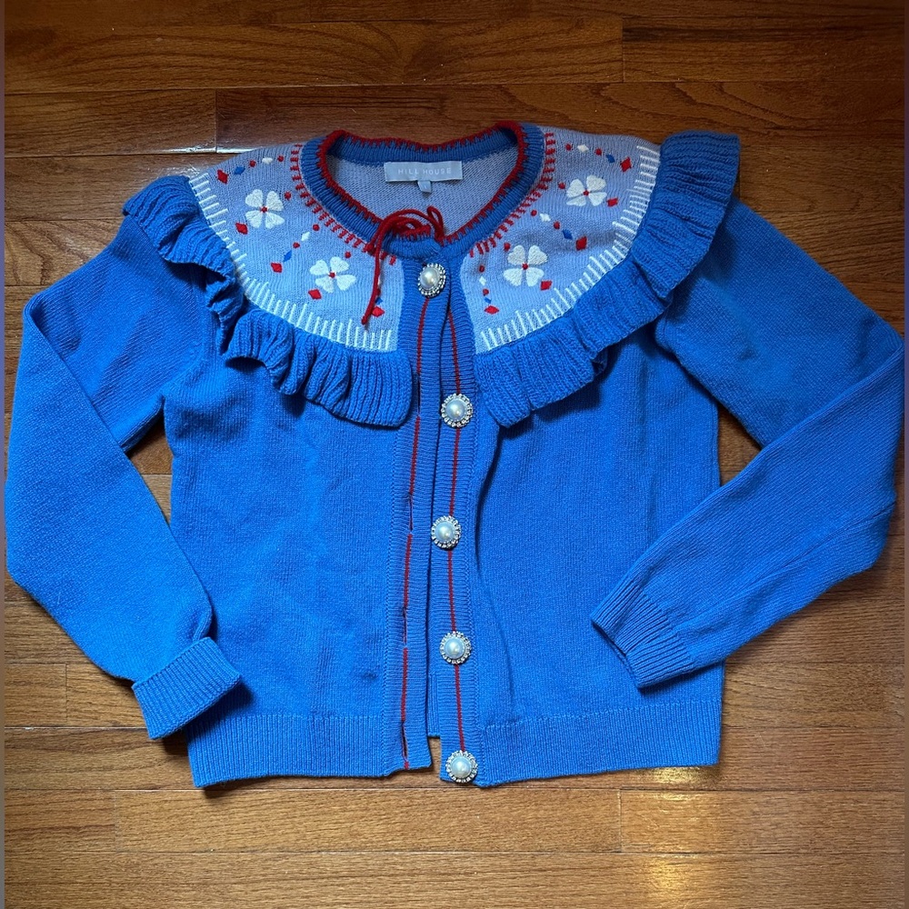 Hill House Blue Ruffled Collar Cardigan with Red Trim and Floral Yoke